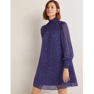 Boden Blue Floral Smocked Yoke Long Sleeve Metallic Shift Dress Size 10